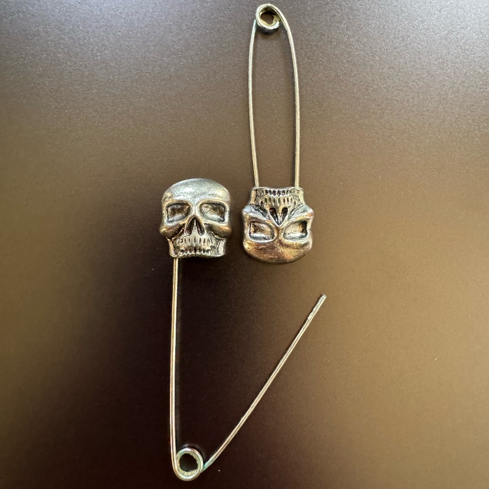 Silver Safety Pin Skull Earrings